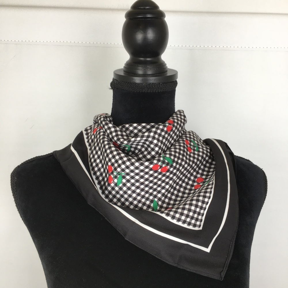 Cherry Scarf Black And White Checked Print Square Retro Coquette